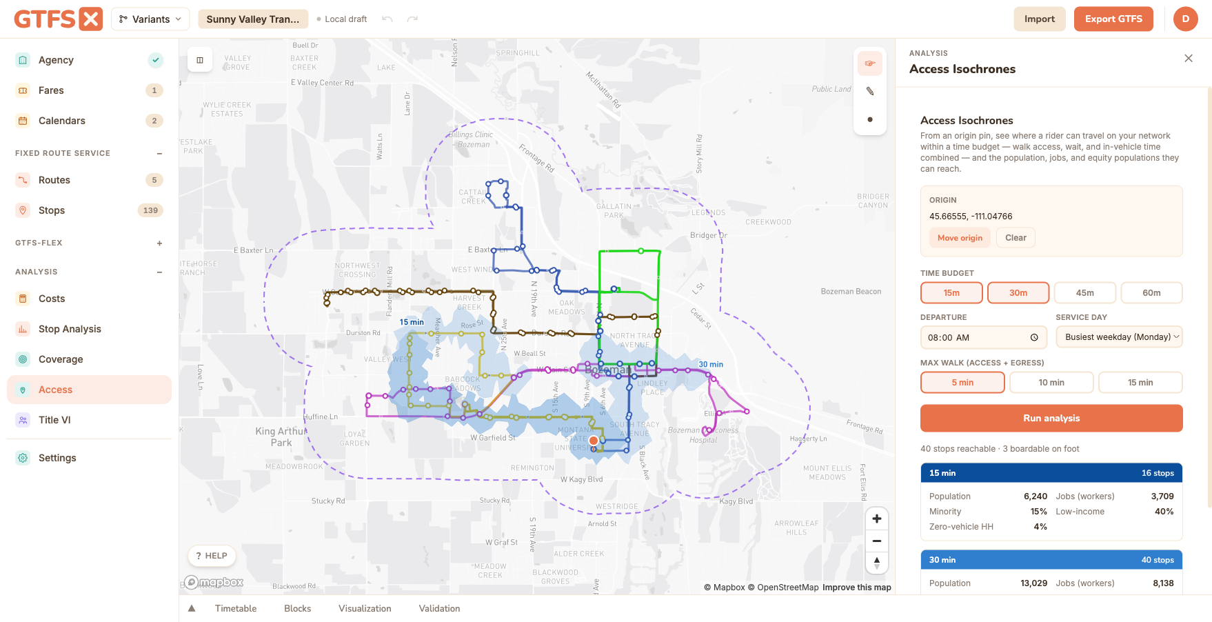 The Access Isochrones panel in GTFS·X with an origin pin on the map, time-budget contours shaded in stepped blue saturation following the street network, and a sidebar listing the population, jobs, and equity populations reachable within each time band.