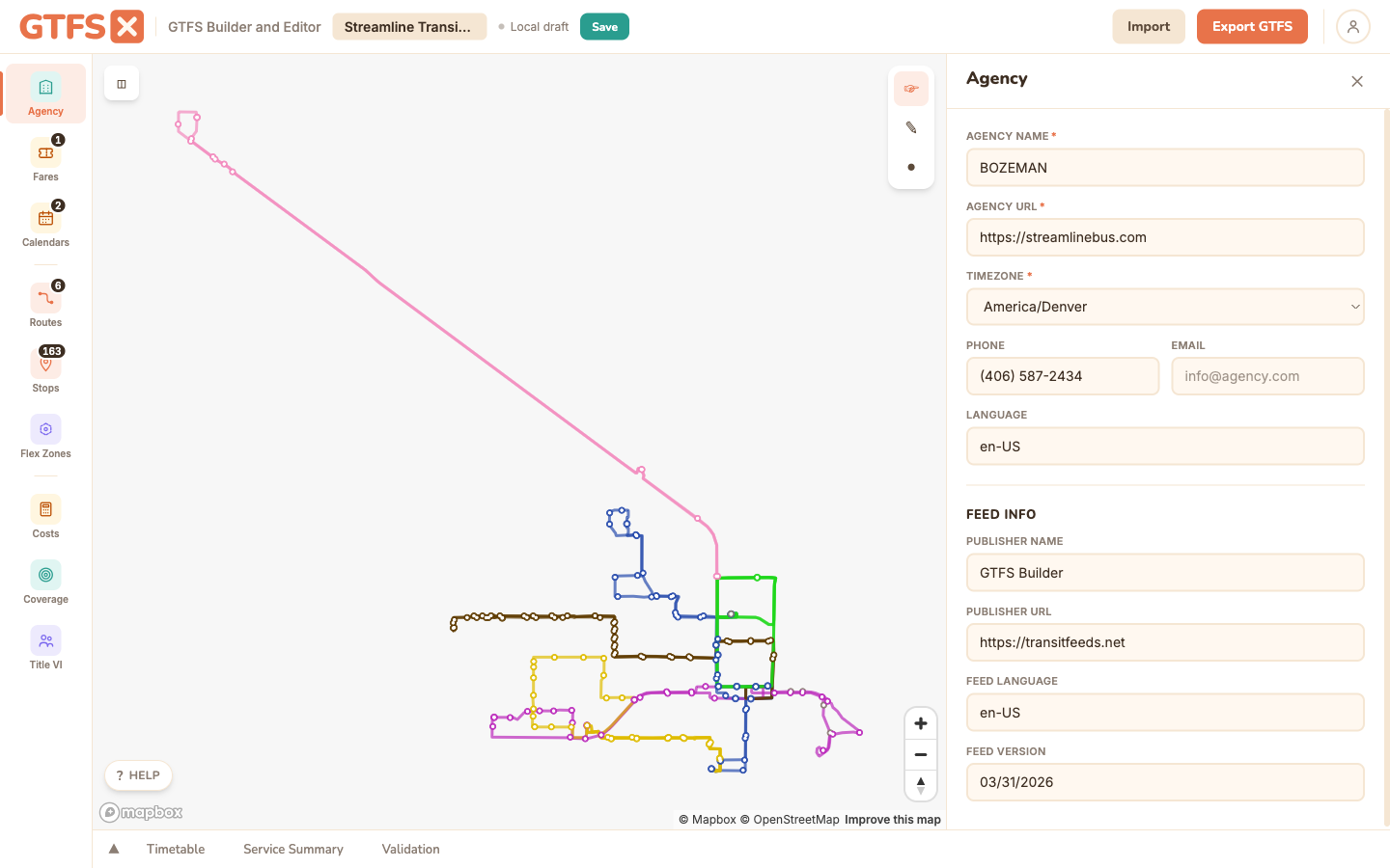 GTFS·X editor with the Agency panel selected from the left sidebar.