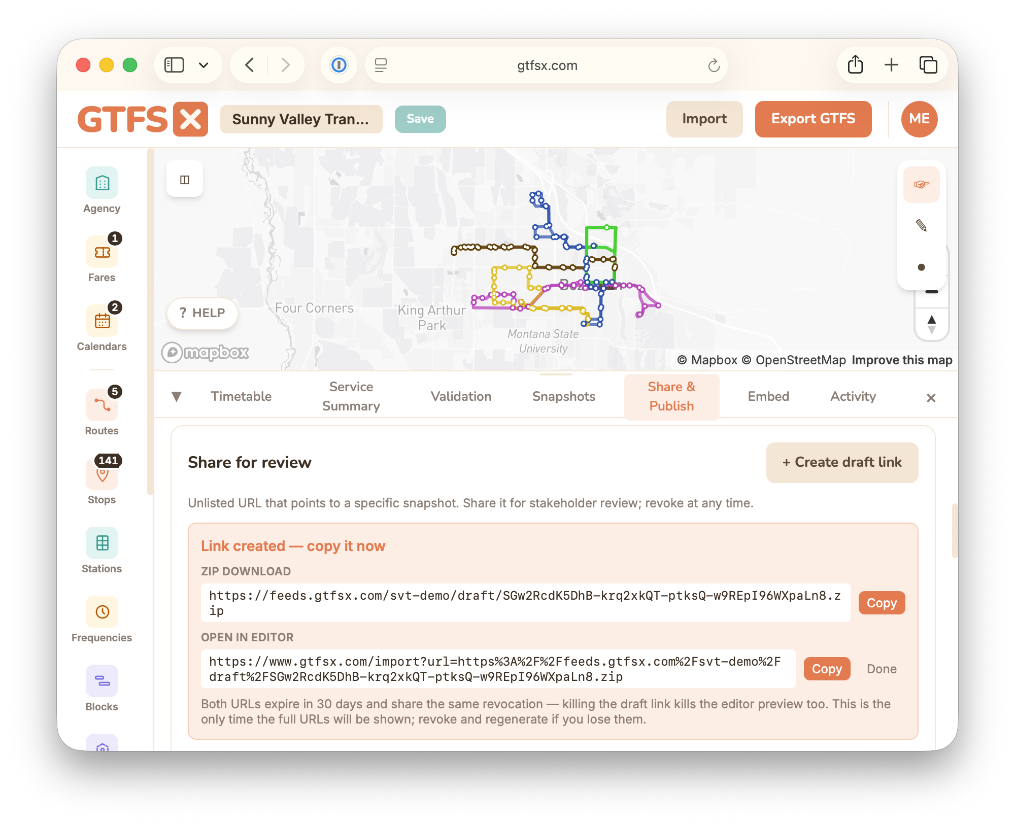 The Share & Publish panel's Share-for-review section in GTFS·X: a created draft link showing a direct ZIP URL and an open-in-editor URL, each with a Copy button, plus a Create draft link control.