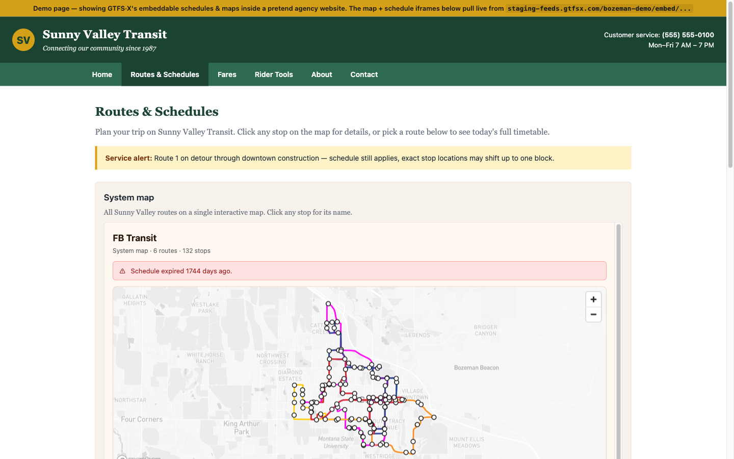 Demo agency website with GTFS·X embed widgets — system map and per-route schedules — rendered inside a pretend transit-agency CMS page.
