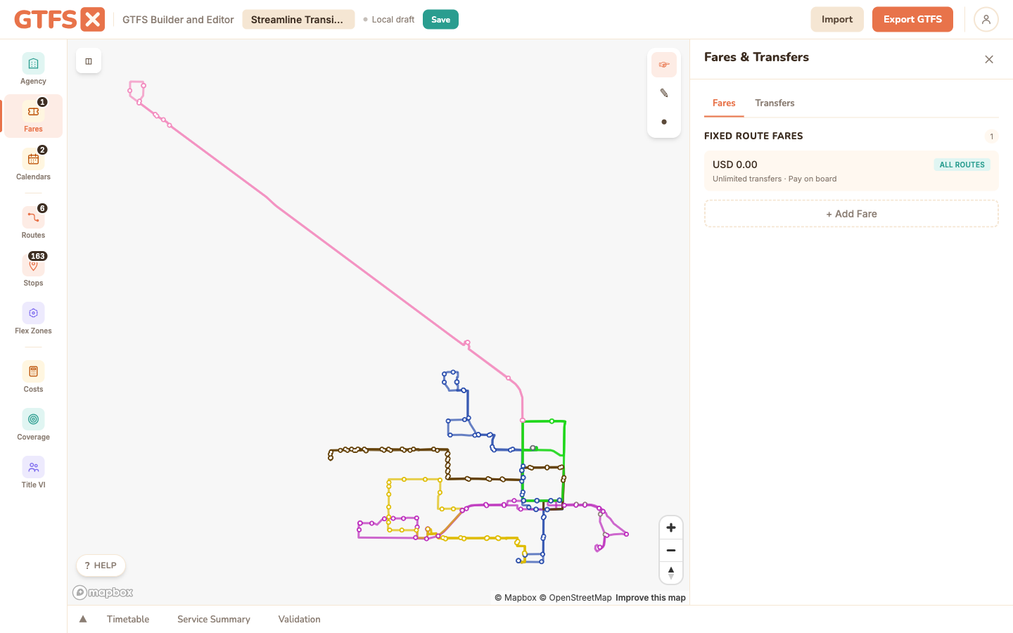 GTFS·X editor with the merged Fares & Transfers panel, Fares tab selected.