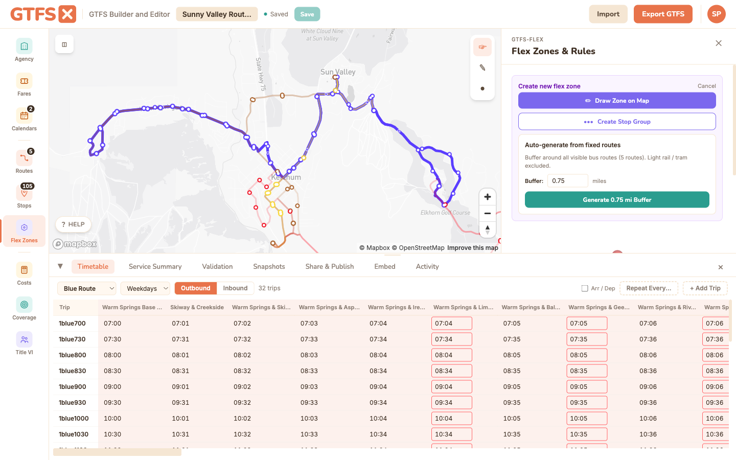 Flex Zones panel showing the three zone-creation options: Draw Zone on Map, Create Stop Group, and Auto-generate from fixed routes with a buffer distance input.