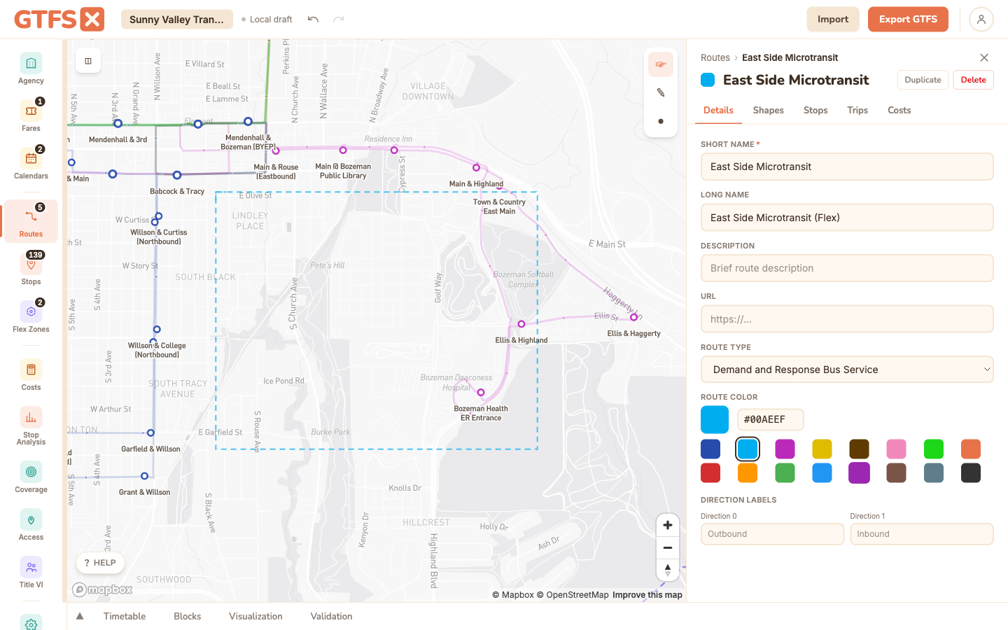 The Routes panel showing the flex zone's paired route with route type set to Demand and Response Bus Service, and the zone drawn on the map.