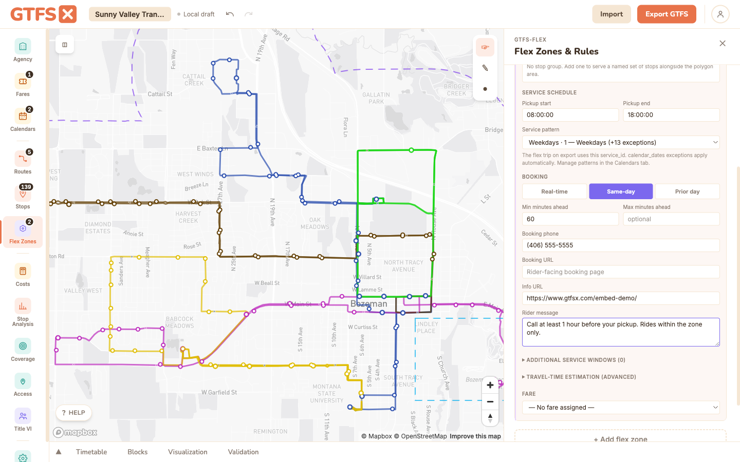 The Flex Zones panel with a zone's Details open: pickup start and end times, a service pattern dropdown, and the booking section with booking type, minutes of notice, phone, URL and rider message.