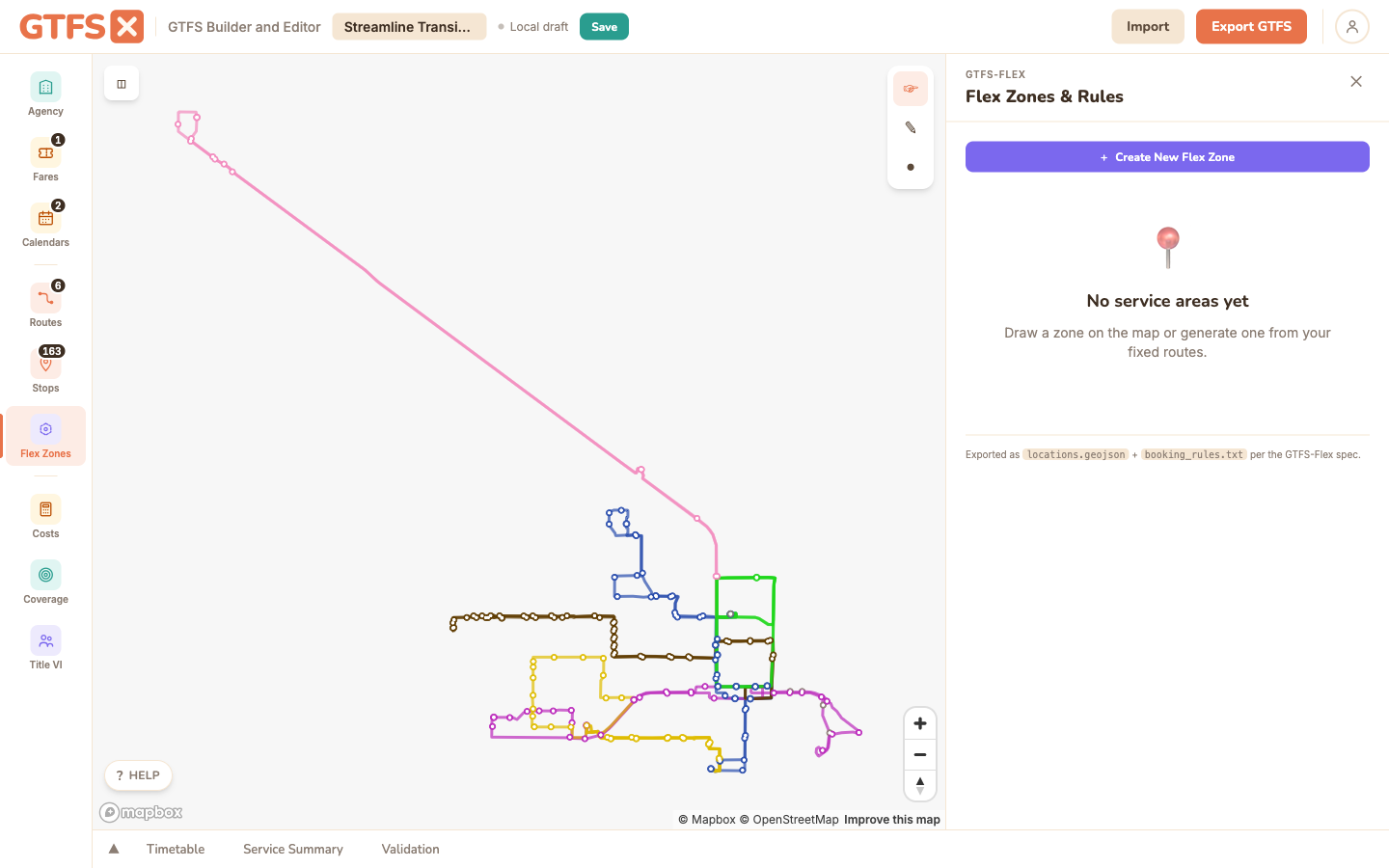 GTFS·X editor with the Flex Zones panel selected.