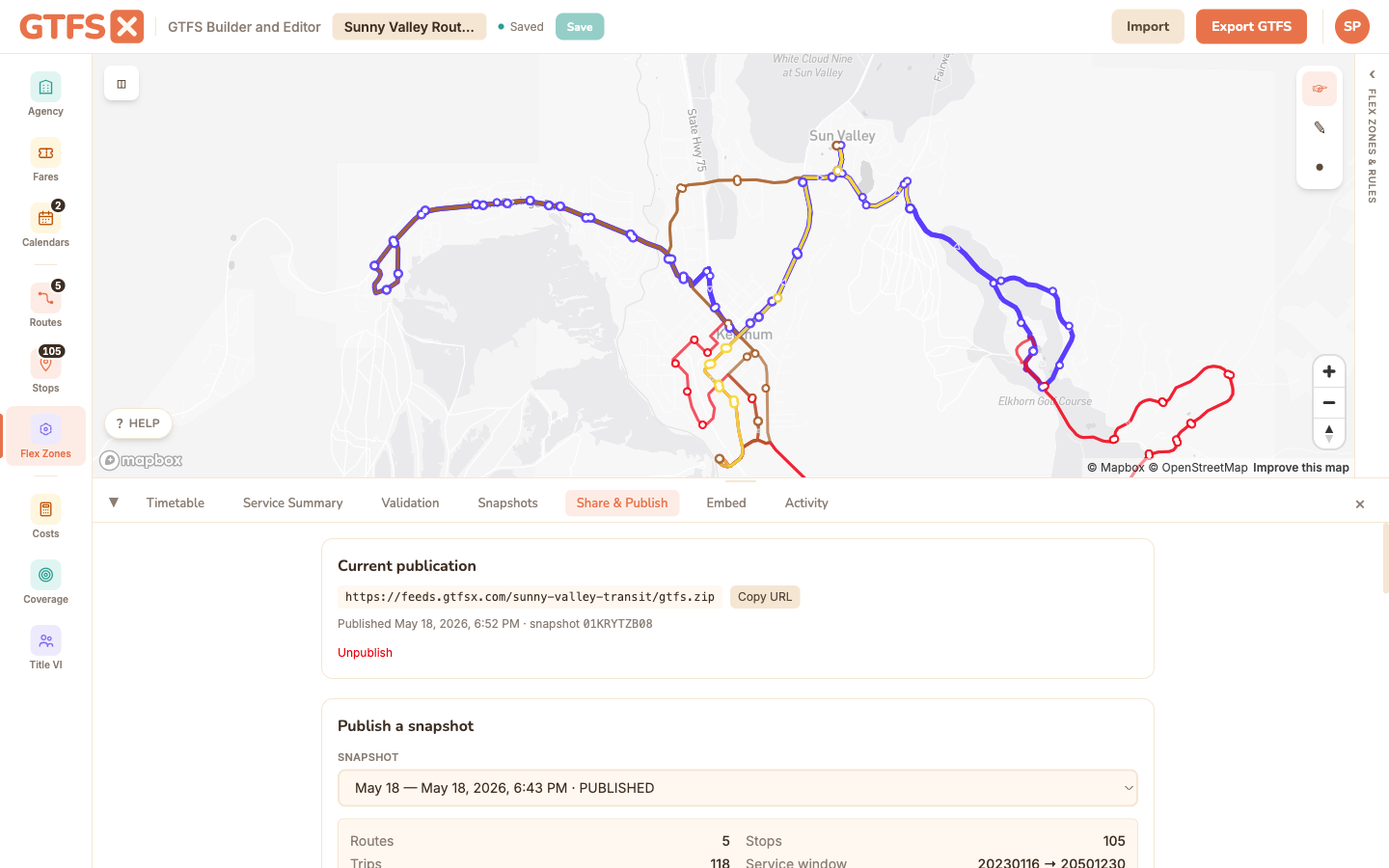 Share & Publish tab in the GTFS·X editor showing a published Sunny Valley Transit feed: canonical URL, publish timestamp, snapshot dropdown, Routes/Stops/Trips counts.