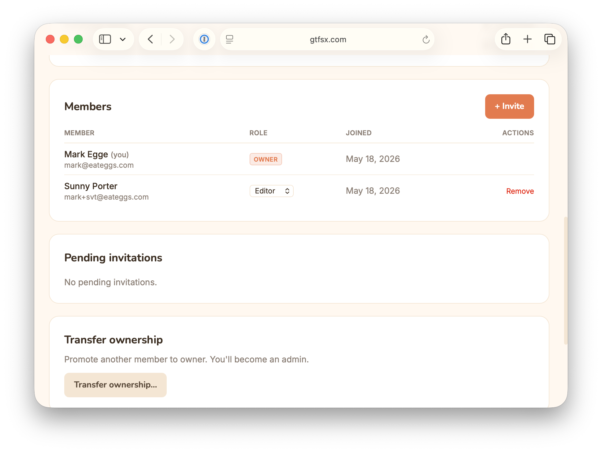The organization settings page in GTFS·X showing the Members table — each member with a role dropdown (Owner, Editor) and join date — an Invite button, and a Pending invitations section.