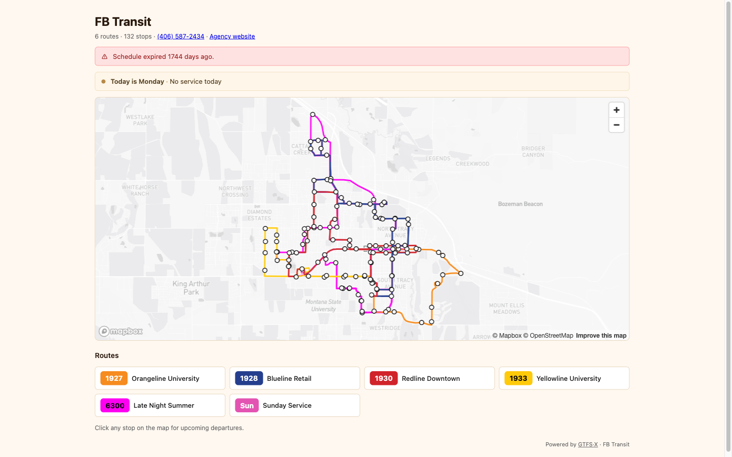 Rider mini-site for a published GTFS·X feed, showing agency name, contact, today's service banner, system map, and route list.