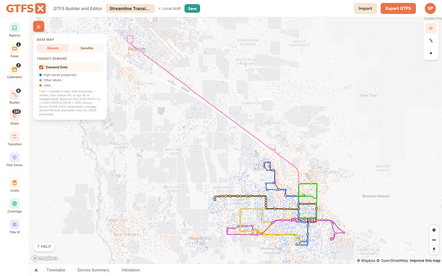 GTFS·X editor with the Demand Dots layer enabled, showing colored dots representing high-propensity population and jobs across the Bozeman area.