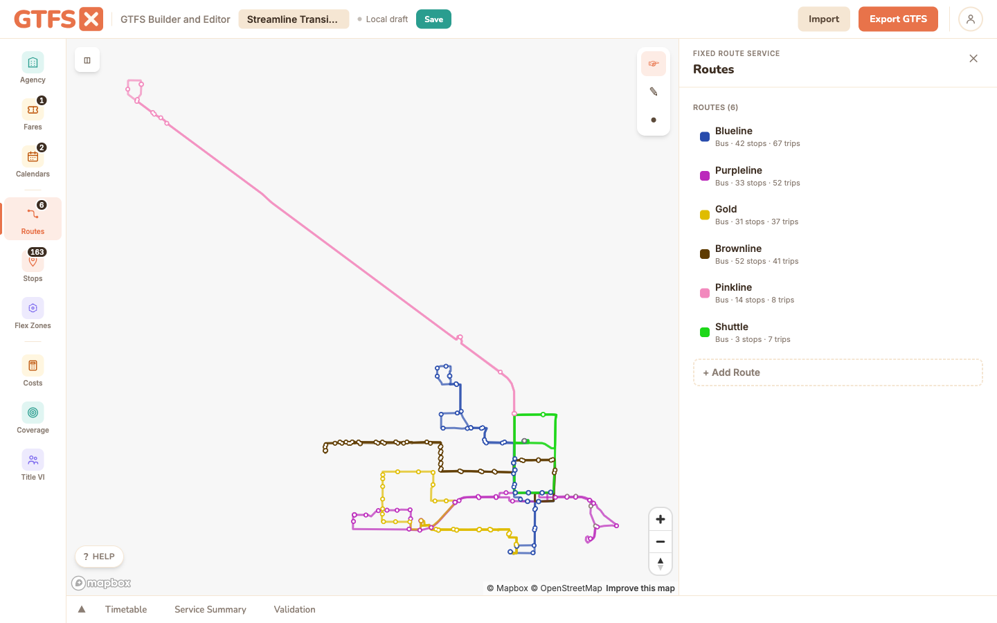 GTFS·X editor with the Routes panel showing the demo feed's six routes overlaid on the map.