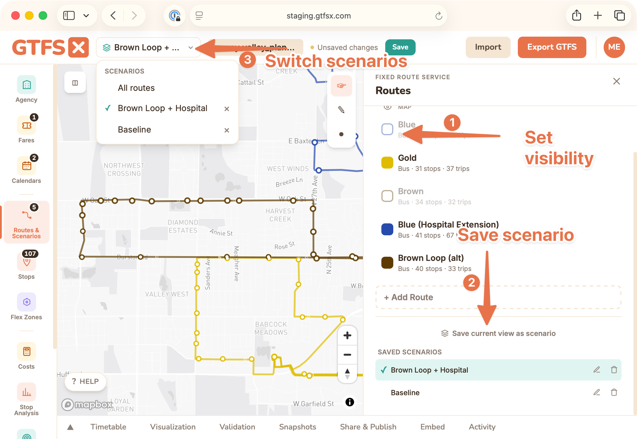 The Routes & Scenarios visibility settings and the scenario switcher in the header bar.