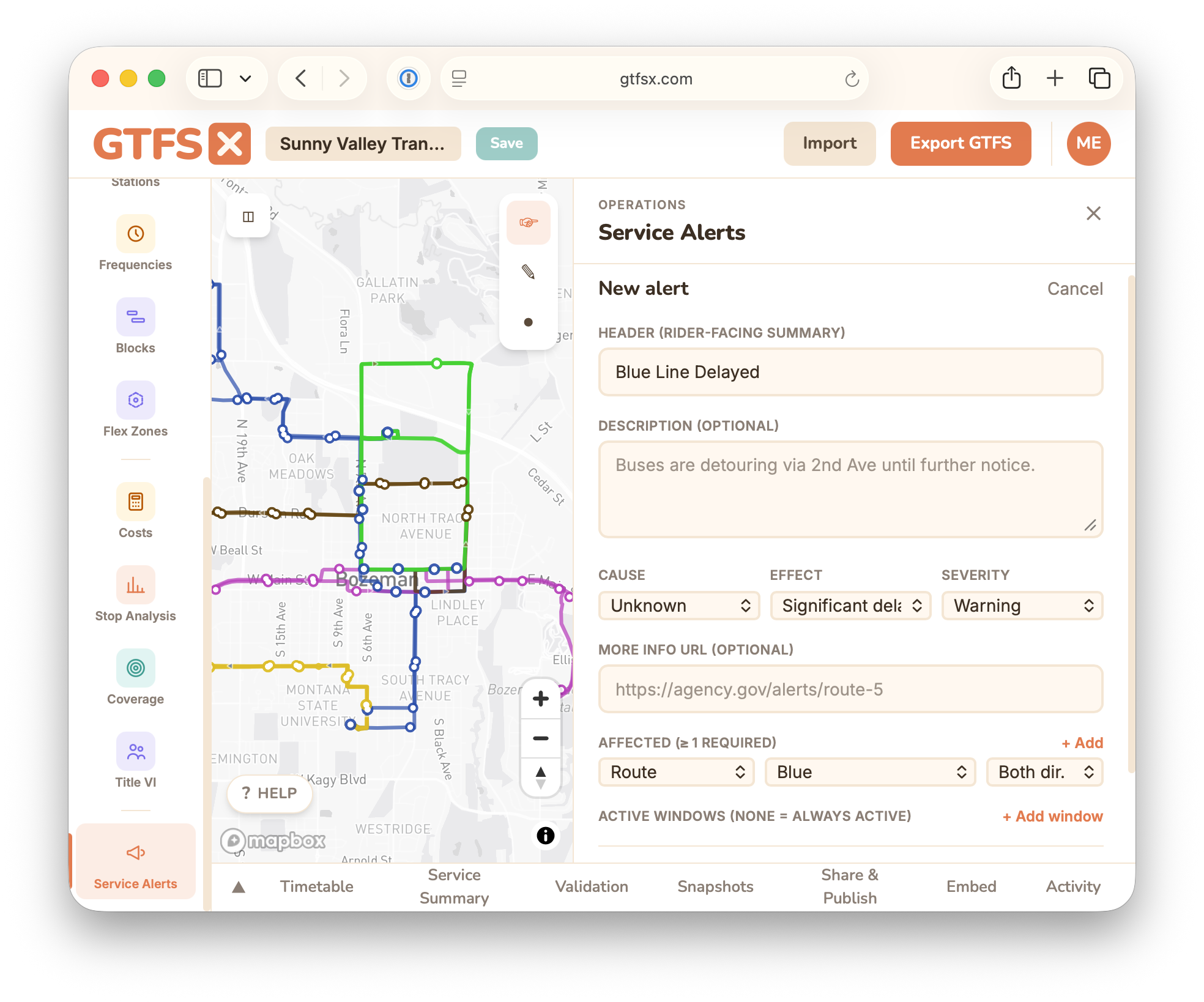 The Service Alerts authoring form in GTFS·X: a rider-facing header, optional description, Cause / Effect / Severity dropdowns, a More info URL, and an affected-entities picker for the whole feed, routes, or stops.