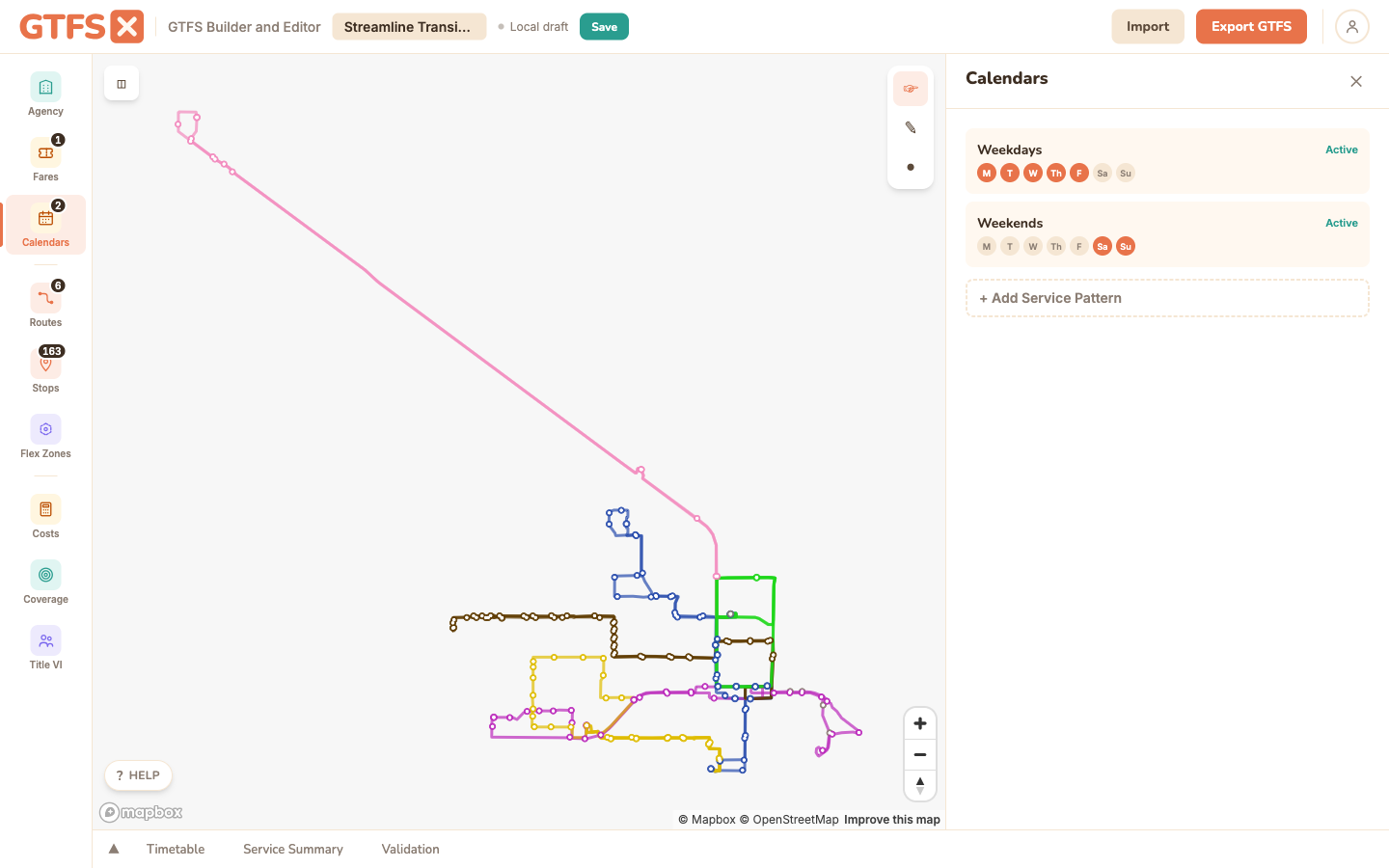 GTFS·X editor with the Calendars panel selected, showing weekly service patterns.