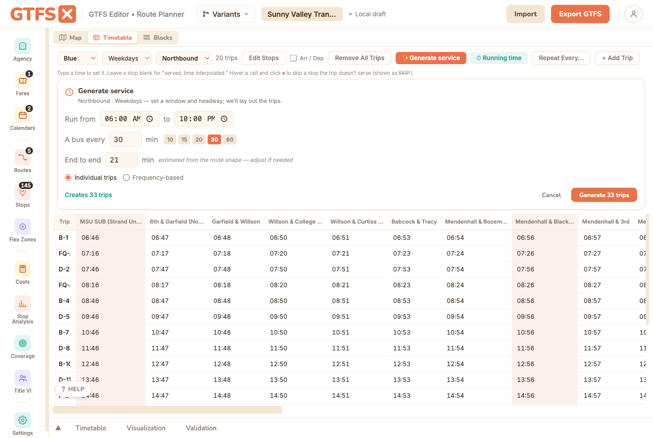The Generate service form in the timetable: run-from and to times, a headway with preset chips, an end-to-end run time pre-filled from the route shape, and a live 'Creates 33 trips' preview.