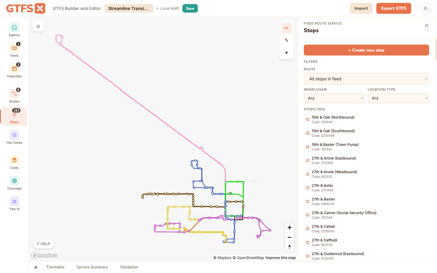 GTFS·X editor with the Stops panel and demo feed's stops rendered on the map.