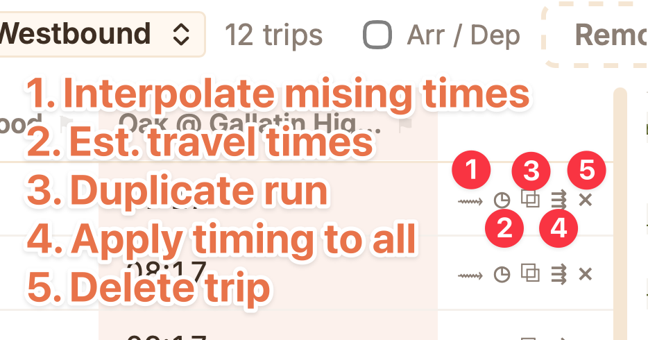 The interpolate control (arrow icon at the top of a trip row) and the Estimate-times dialog used to auto-fill stop times from the route geometry.