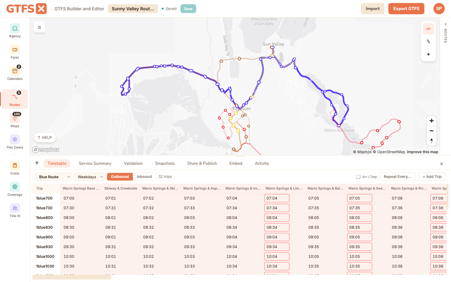 GTFS·X editor showing the Blue Route's timetable on the Sunny Valley feed — service-pattern tabs at top, columns of stops, rows of trips with arrival times.