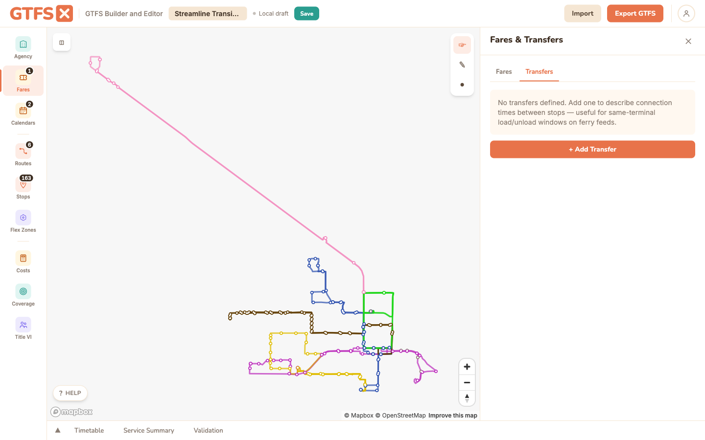 GTFS·X editor with the Fares & Transfers panel, Transfers tab selected, showing the empty state.