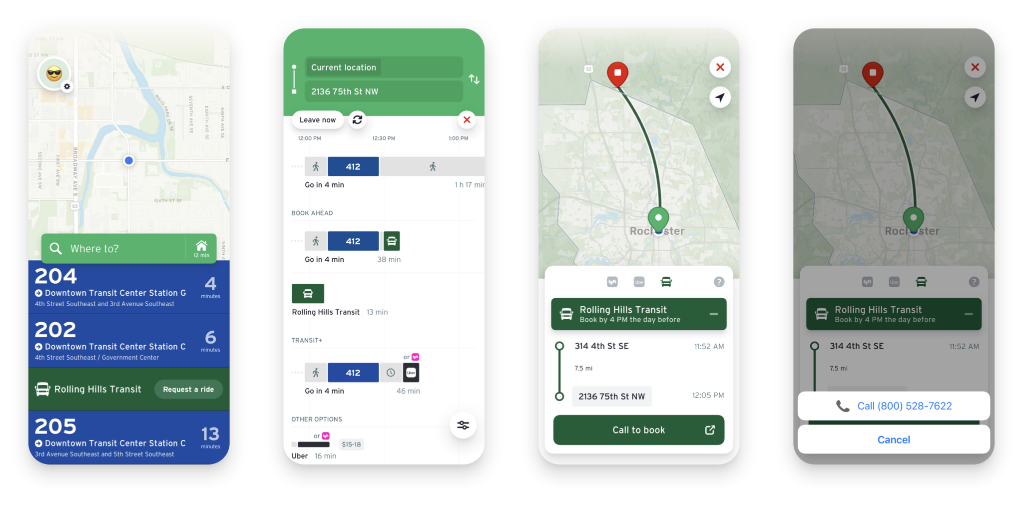Rolling Hills Transit's demand-responsive service shown in the Transit app, with the flex route appearing as a bookable option alongside fixed-route results.
