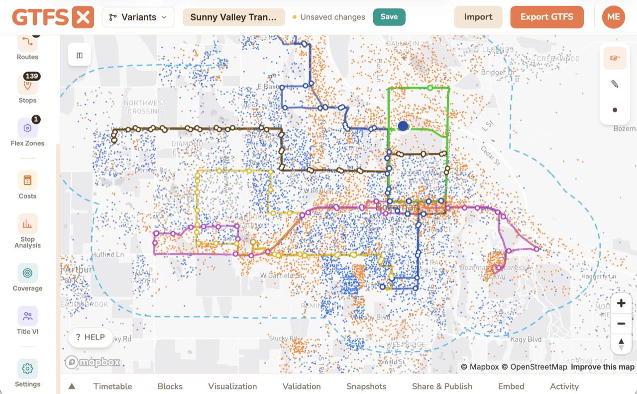 GTFS·X editor map with the Demand Dots layer enabled, showing blue dots for high-propensity adults and orange dots for jobs across the region, overlaid on the drawn route network.