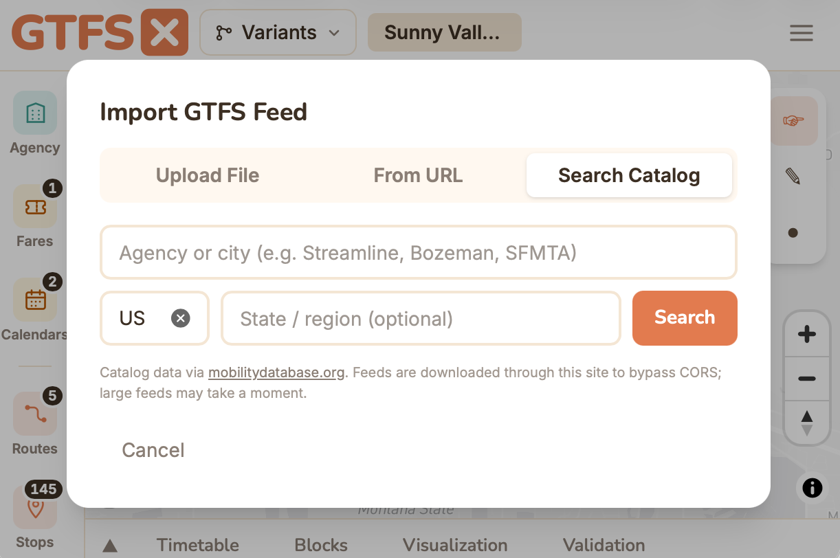 Importing an existing GTFS feed into the GTFS·X editor