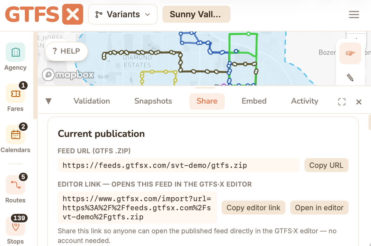 A hosted GTFS feed with a permanent self-updating URL in GTFS·X